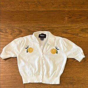 Collectif White Cardigan with Yellow Embroidery